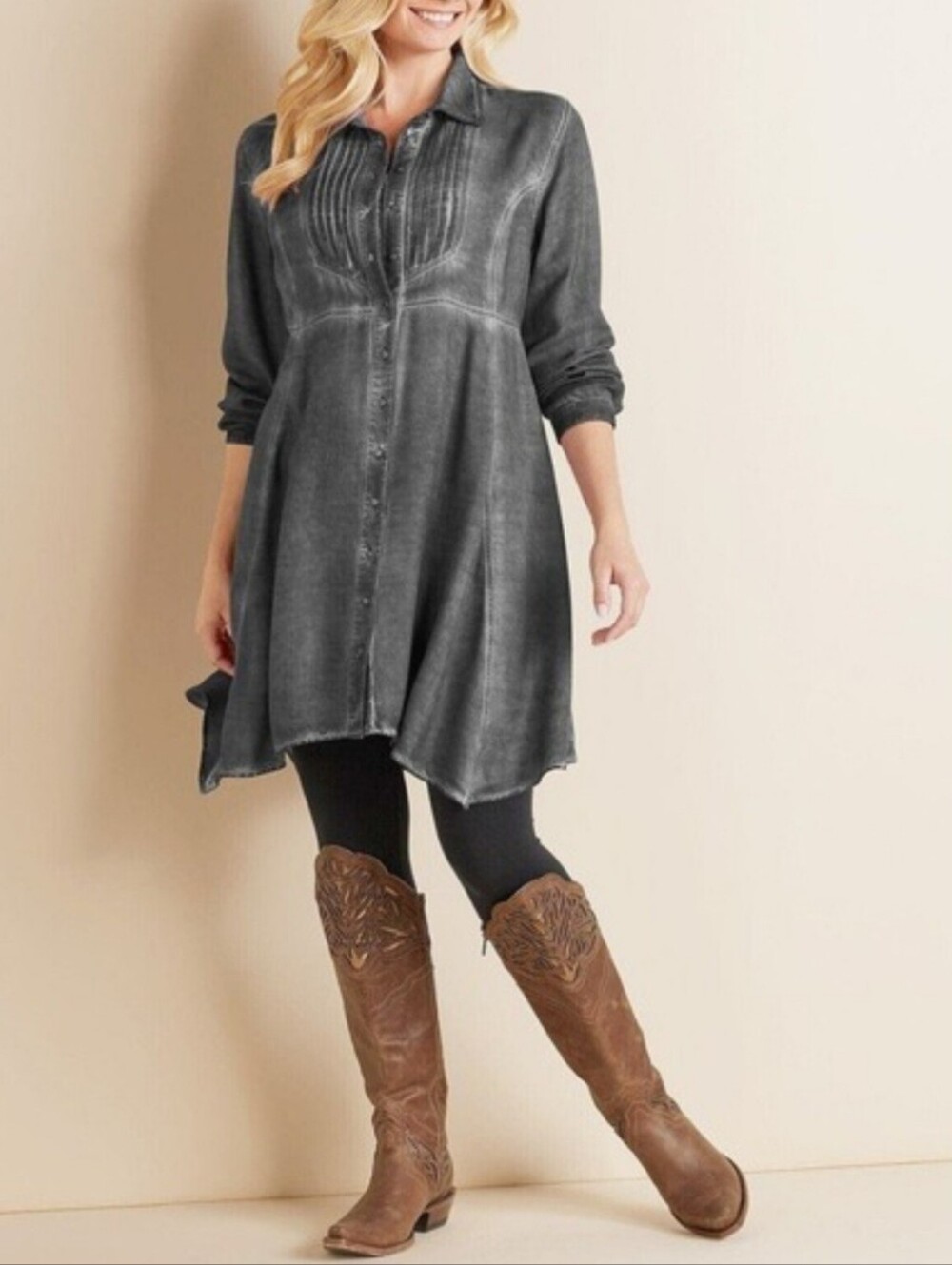 SOFT SURROUNDINGS Green Grey Vintage Wash Heavenly Soft Button Down Shirt Dress